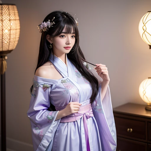 best quality, Delicate face，beautiful visual work, lifelike, eternity, black hair, Long curly hair, blunt bangs, Smile, Detailed Background, Delicate face，blush，cold，((masterpiece))、(top quality)、8k、high detail、Super detailed，31-year-old female，身穿唐制Hanfu、waist skirt, Clothes are light and fluffy，Hanfu, wide sleeves, Transparent sleeves, Tunic, Clothes made of chiffon, Seductive and whimsical style、masterpiece、born、Scenes resembling fairy tale illustrations、intricate details和複雜的設計、Beautifully、magic、capricious、 Beautifully、Dream aesthetics、「𝓡𝓸𝓶𝓪𝓷𝓽𝓲𝓬、ethereal、charming、fickle、magic」、realism、Visual effects、FXAA、SSAO、Shader、voiceless、ambient lighting、Tone mapping、High resolution、Ultra high quality、Million pixels、(8K resolution:1.10)、8k、8k以下、8K resolution、high detail、intricate details， (high quality:1.2、masterpiece:1.2、:1.21)、(31-year-old female:1.21)、(興奮地Smile)、(被dream般的氛圍所包圍、Model diagram，full-body shot，Normal 2 feet，Put your hands behind you，The protrusion of the breast is visible when wearing clothes, Large Breasts, H cup chest, antiquity, Xian Xia, gauze clothes, Soft and fluttering, Fairy, dream, fantasy, light, Elegant, nature, Immortal, romantic, classical, ribbon, light purple clothes