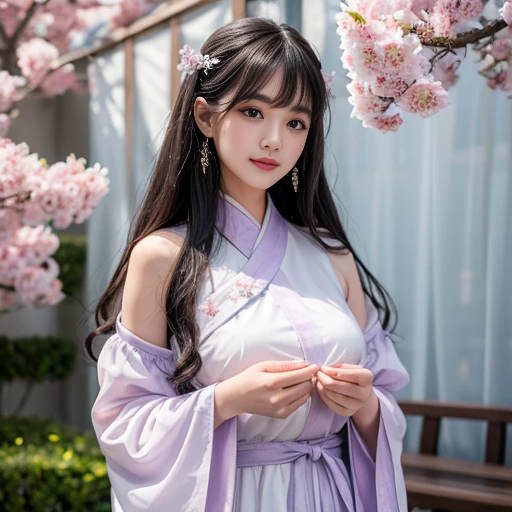 best quality, Delicate face,beautiful visual work, lifelike, eternity, black hair, Long curly hair, blunt bangs, Smile, Detailed Background, Delicate face,blush,cold,((masterpiece))、(top quality)、8k、high detail、Super detailed,31-year-old female,身穿唐制Hanfu、waist skirt, Clothes are light and fluffy,Hanfu, wide sleeves, Transparent sleeves, Tunic, Clothes made of chiffon, Seductive and whimsical style、masterpiece、born、Scenes resembling fairy tale illustrations、intricate details和複雜的設計、Beautifully、magic、capricious、 Beautifully、Dream aesthetics、「𝓡𝓸𝓶𝓪𝓷𝓽𝓲𝓬、ethereal、charming、fickle、magic」、realism、Visual effects、FXAA、SSAO、Shader、voiceless、ambient lighting、Tone mapping、High resolution、Ultra high quality、Million pixels、(8K resolution:1.10)、8k、8k以下、8K resolution、high detail、intricate details, (high quality:1.2、masterpiece:1.2、:1.21)、(31-year-old female:1.21)、(興奮地Smile)、(被dream般的氛圍所包圍、Model diagram,full-body shot,Normal 2 feet,Put your hands behind you,The protrusion of the breast is visible when wearing clothes, Large Breasts, H cup chest, antiquity, Xian Xia, gauze clothes, Soft and fluttering, Fairy, dream, fantasy, light, Elegant, nature, Immortal, romantic, classical, ribbon, light purple clothes