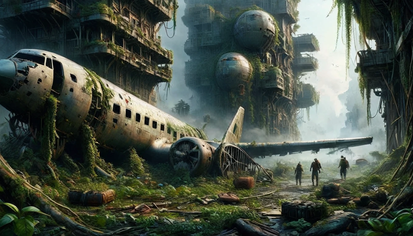 A vivid and detailed description of a dystopian sci-fi landscape with a huge, ruined vertical metropolis. The collapsed Boeing. The cityscape should contain magnificent, crumbling stone buildings of complex design. Including a huge vertical cityscape, it seems to be a mixture of ancient and futuristic elements. It also describes the abandoned technology scattered throughout the city, such as tangled wires and huge broken computers, a passenger plane covered in moss. Finally, it conveys a sense of despair and desolation through words, creating a sense of desolation and grandeur. The language should be rich, descriptive and stimulating.