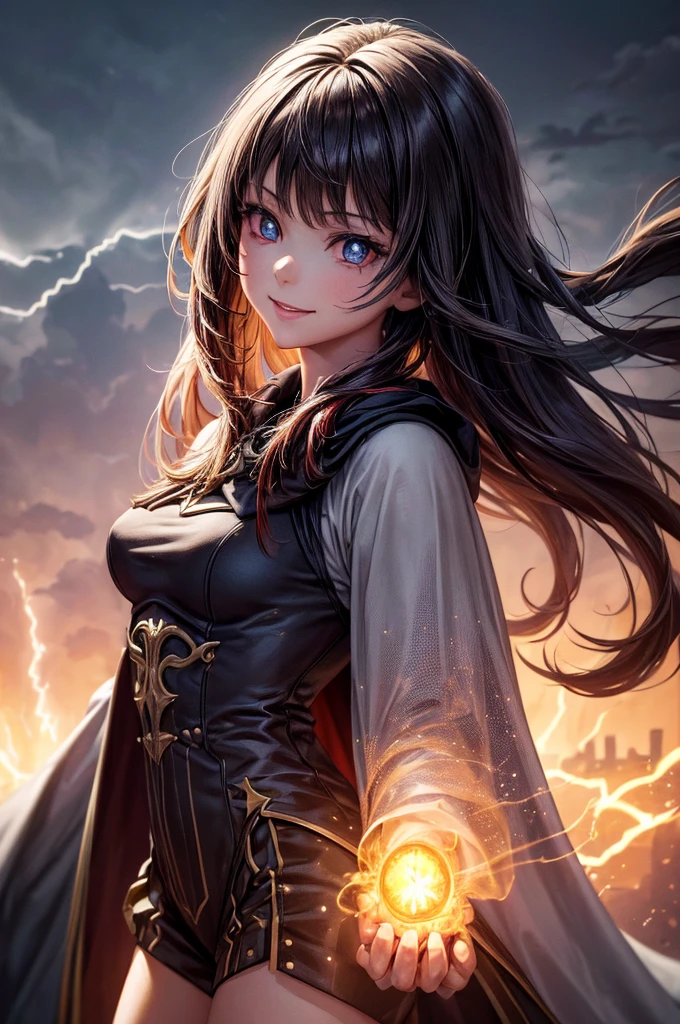 (Skin Indentation:1.5), Realistically, Realistically, (masterpiece:1.5), Concept Art, Intricate details, Very detailed, Realistically, Octane Rendering, Dynamic poses, (((electrical arcs))),((Thunder and Lightning)),Best quality, high resolution, (Realistic face:1.1), (Surrealism:1.1), ((full_Body)), (Huge fireball),Perfect eyes,(Shiny skin:1.2), (((hairstyle))), (((Perfect hands))), (Very detailed的背景), ((castle)), (Light), ((1 Girl)), Wearing a robe, (((Flowing Cape))), ((Delicate eyes, High quality eyes, High quality face shape)), (Extremely complex robe, magic长袍), Short and delicate hair, ((cast lightning)), electrical,(( Rotating flame)), Radiant force, spark, smoke, magic, epic, battlefield, Depth of Field, blur background, 4K, Gothic, ashes, particle,Wide field of view,Long-range shooting((Small Breasts))(Smile)Deformed human soul