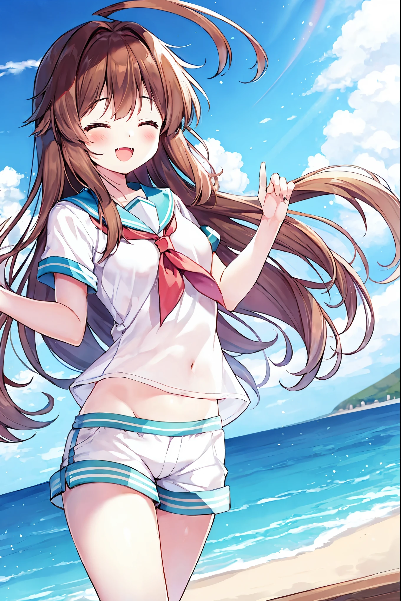 1young_teen_ girl,  brown_hair, long_hair, sailor_uniform,white_ baggy_shorts, short_sleeve, thighs, small_breasts, big_smile, open_mouth, fang, harbor_landscape_background, slightly_spread_legs, happiness, covered_crotch,ahoge,XD,exciting_posing,closed_eyes