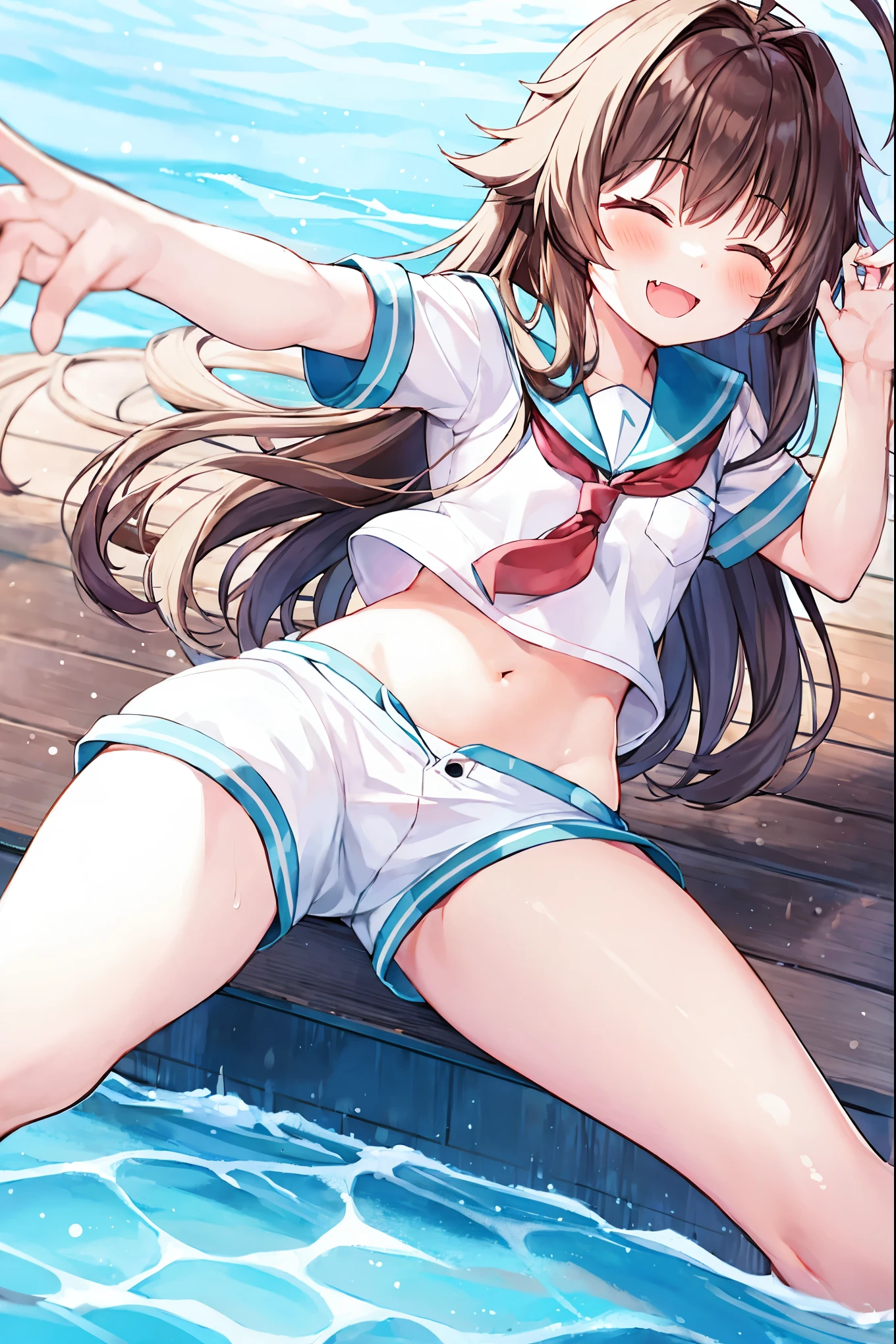 1young_teen_ girl,  brown_hair, long_hair, sailor_uniform,white_ baggy_shorts, short_sleeve, thighs, small_breasts, big_smile, open_mouth, fang, harbor_landscape_background, slightly_spread_legs, happiness, covered_crotch,ahoge,XD,exciting_posing,closed_eyes