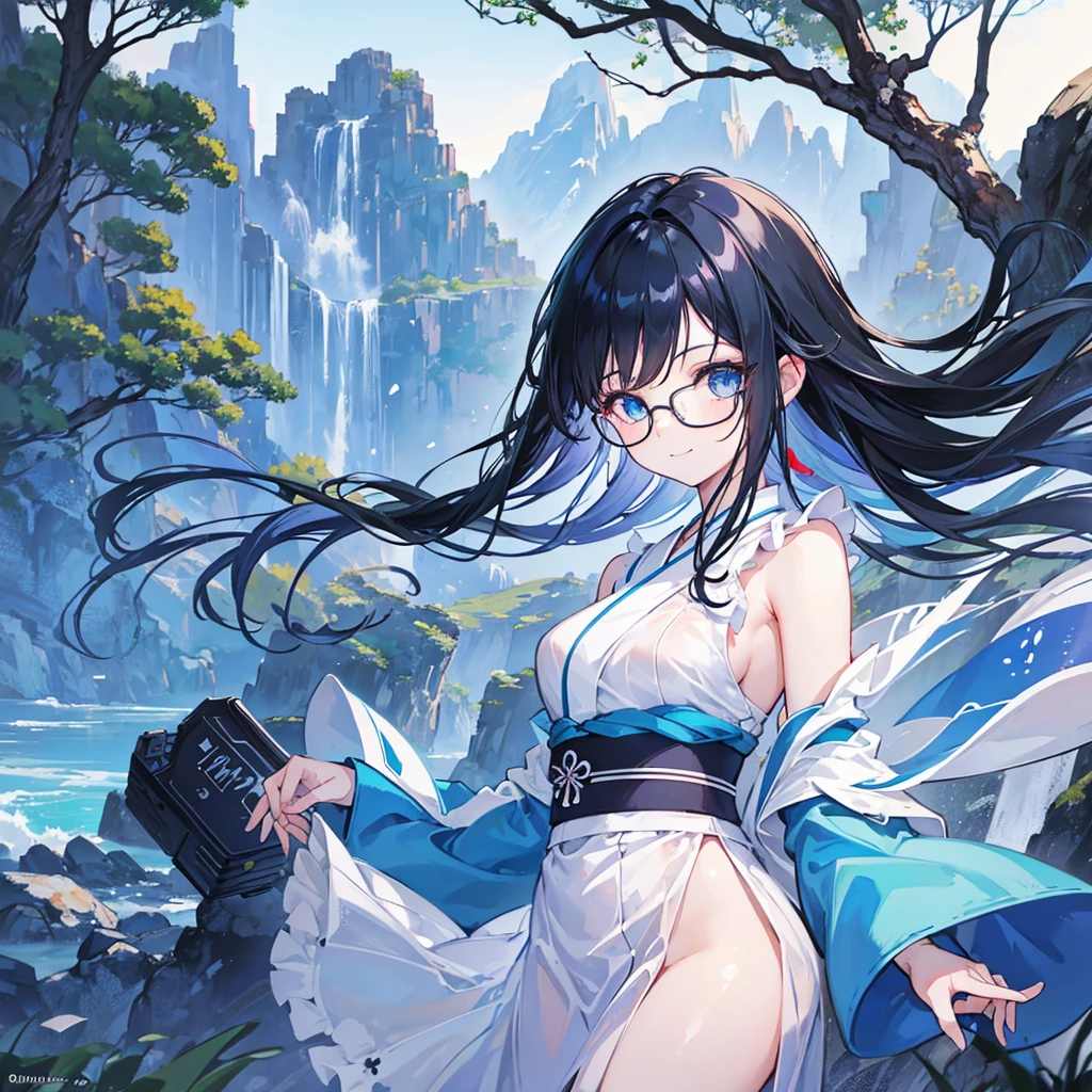 Girl 1, black hair, colored hair, blue inside ,smile, blue eyes long hair, Cute white shirt, surrealism, anime style, movie light, 8ก, Superb details, High quality, Highly detailed, Superb details, textured skin, Wear glasses, Yukata, Behind is a view of mountains and trees.