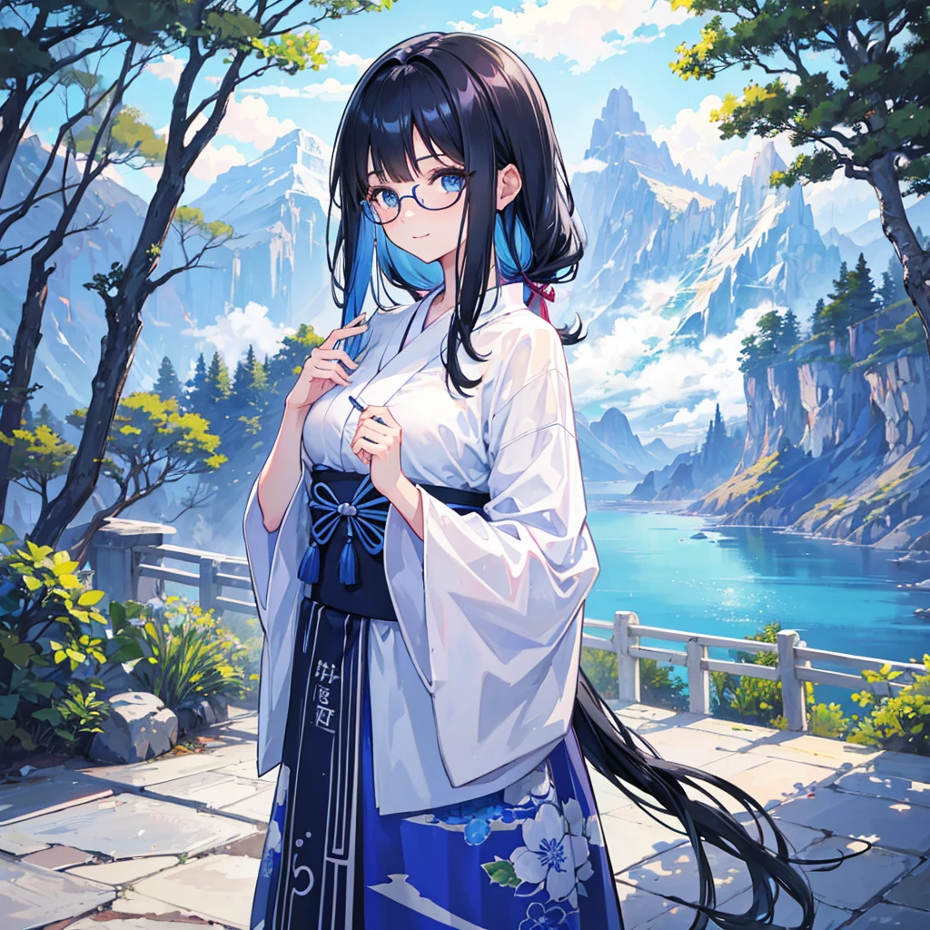 Girl 1, black hair, colored hair, blue inside ,smile, blue eyes long hair, Cute white shirt, surrealism, anime style, movie light, 8ก, Superb details, High quality, Highly detailed, Superb details, textured skin, Wear glasses, Yukata, Behind is a view of mountains and trees.