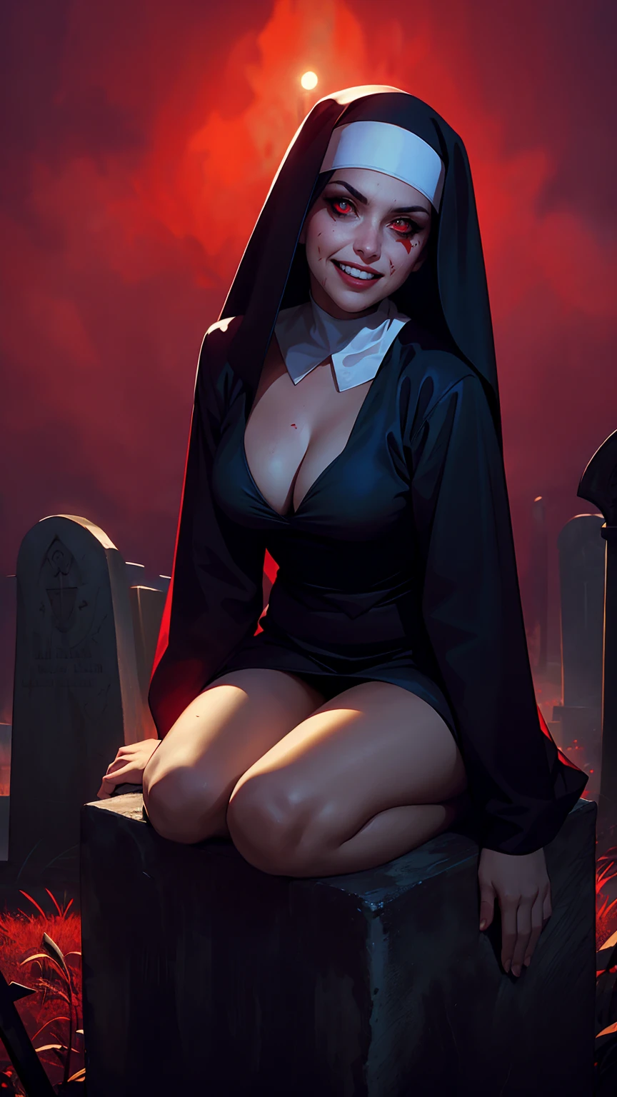 A nun vampire, (straddling:1.2) a tombstone, cleavage, (bloodied face), (glowing_red_eyes), (evil smile:1.2), frown, (in the middle of the foggy night in a cemetery), (partially illuminated by the night light:1.2), brilliant red sky, (best quality, high resolution, outstanding composition, masterpiece:1.4), in style of Nicola Samori
