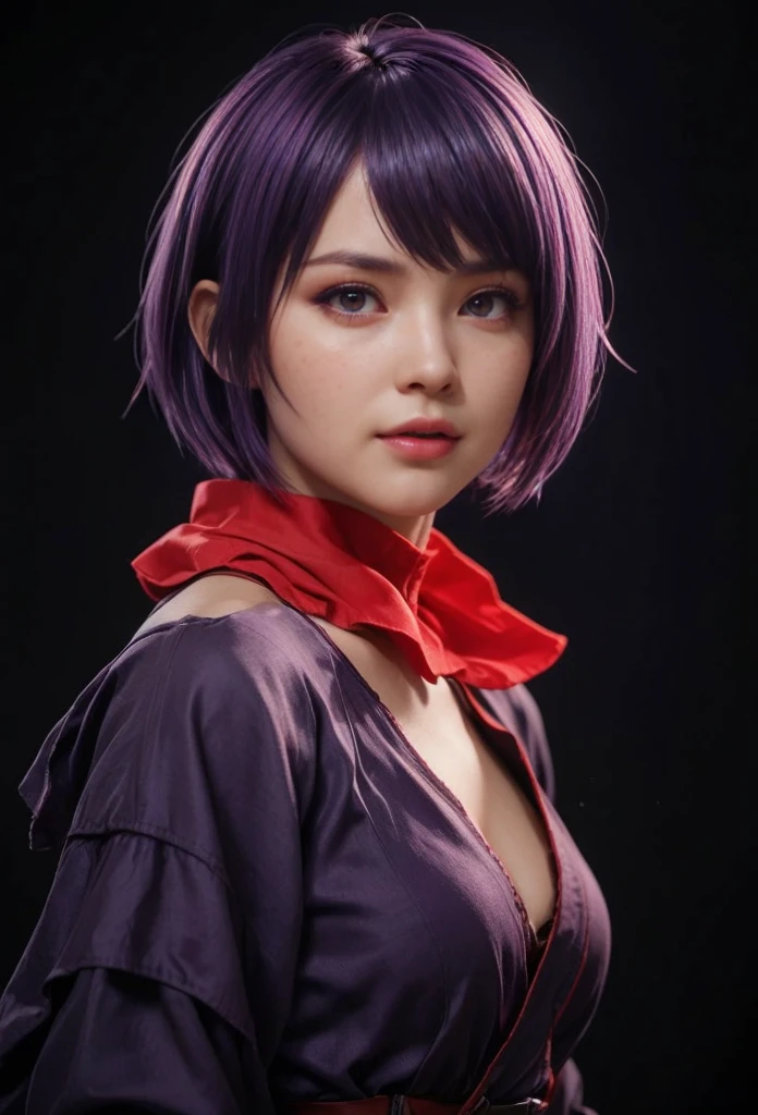 Ayane, purple hair, red eyes, (best quality, ultra-detailed), (realistic:1.37), beautiful and detailed face, ultra-realistic texture, delicate face, delicate body, red lipstick, long-lasting colors. high definition, 8K. expression with a sexy look