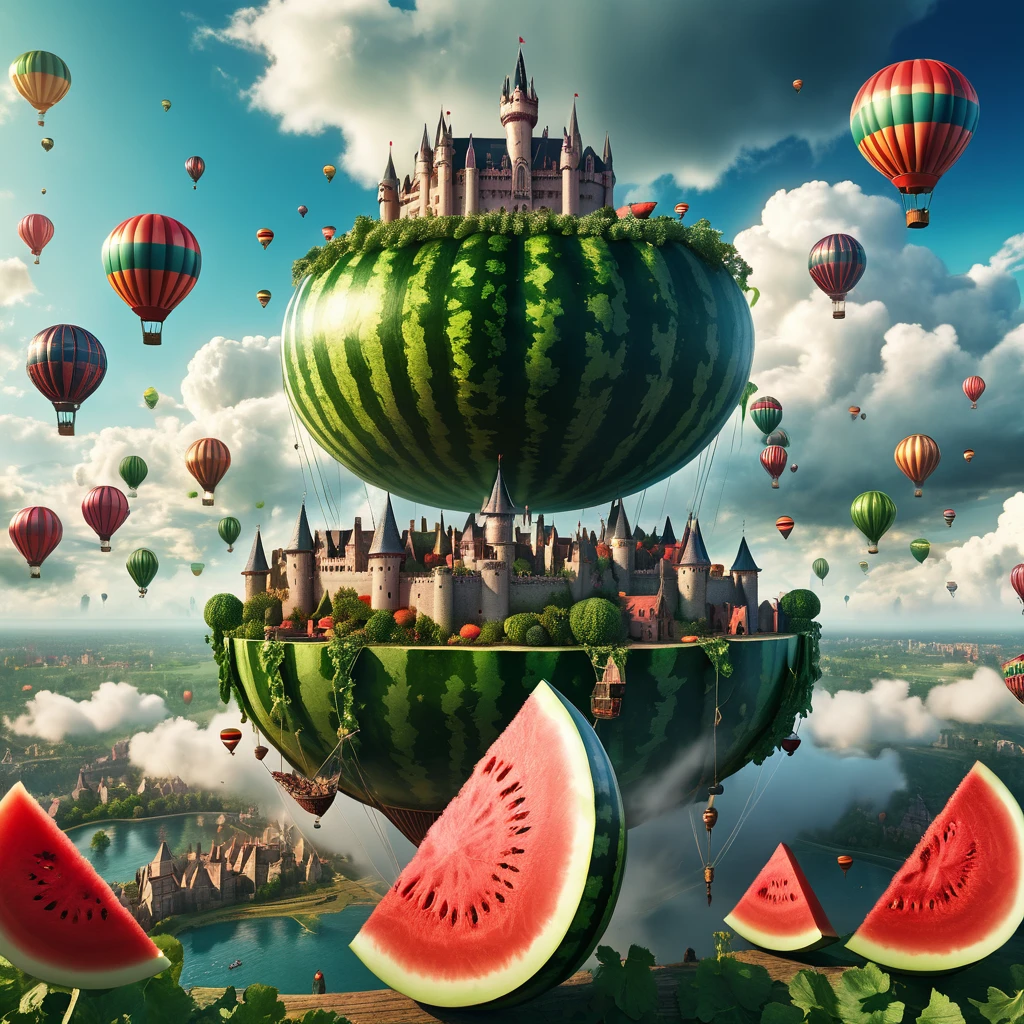 A (magical, surreal:1.2) landscape with a (medieval city or castle:1.3) floating atop a large (watermelon slice:1.2), surrounded by (clouds:1.1), (hot air balloons:1.1), and other (fantastical elements:1.2). The scene should have a (dreamlike, imaginative:1.3) quality, using (vibrant colors:1.2) and a mix of (realistic and fantastical:1.2) details. 4k, highly detailed, cinematic, award-winning, dramatic lighting