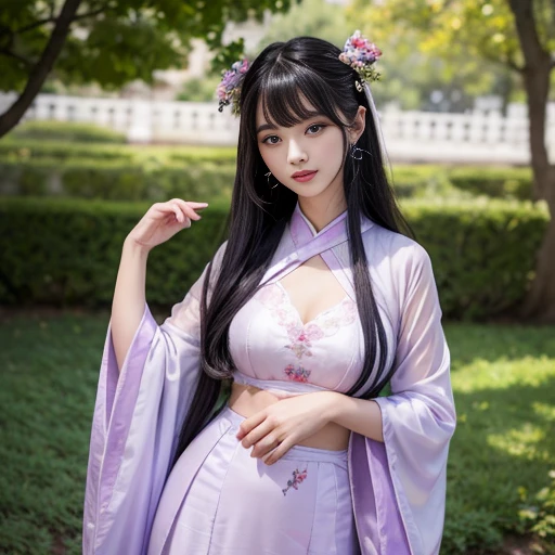 best quality, Delicate face,beautiful visual work, lifelike, eternity, black hair, Long curly hair, blunt bangs, Smile, Detailed Background, Delicate face,blush,cold,((masterpiece))、(top quality)、8k、high detail、Super detailed,31-year-old female,身穿唐制Hanfu、waist skirt, Clothes are light and fluffy,Hanfu, wide sleeves, Transparent sleeves, Tunic, Clothes made of chiffon, masterpiece、born、Scenes resembling fairy tale illustrations、intricate details和複雜的設計、Beautifully、magic、capricious、 Beautifully、Dream aesthetics、「𝓡𝓸𝓶𝓪𝓷𝓽𝓲𝓬、ethereal、charming、fickle、magic」、realism、Visual effects、FXAA、SSAO、Shader、voiceless、ambient lighting、Tone mapping、High resolution、Ultra high quality、Million pixels、(8K resolution:1.10)、8k、8k以下、8K resolution、high detail、intricate details, (high quality:1.2、masterpiece:1.2、:1.21)、(31-year-old female:1.21)、(興奮地Smile)、(被dream般的氛圍所包圍、Model diagram,full-body shot,Normal 2 feet,Put your hands behind you,The protrusion of the breast is visible when wearing clothes, Large Breasts, H cup chest, antiquity, Xian Xia, gauze clothes, Soft and fluttering, Fairy, dream, fantasy, light, Elegant, nature, Immortal, romantic, classical, ribbon, light purple clothes