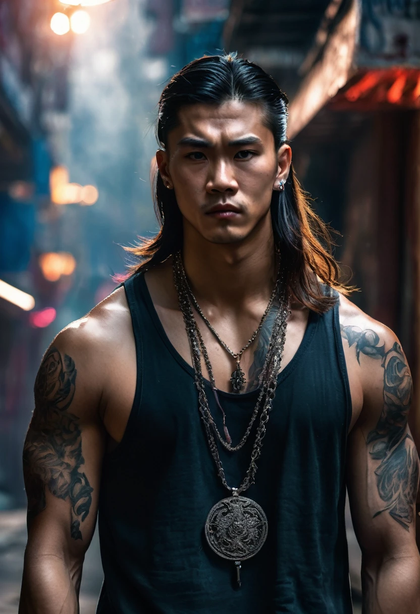 Close-up photo of extremely handsome young men, , muscular, tattooed, wearing necklaces, long hair, gangster style, romantic, Hong Kong cinema, street scene. Eyes are filled with sadness and desire to rise. Violent background, smoke and fire. Cinematic lighting, high detail, 8K, artstation, conceptual art, dark fantasy. Photo taken with Canon EOS R5 85mm f/11 camera, ((sharp)) mode of people and surroundings. Image quality ((8K)), ((realistic)), ((masterpiece)), ((sharpest and highest contrast)), ((excellent depth of field)), ((stereoscopic lighting)), ((angry, ferocious )), detailed pores, ((Direct light on the face)), bright sunlight.
((Wearing a sword on his back))