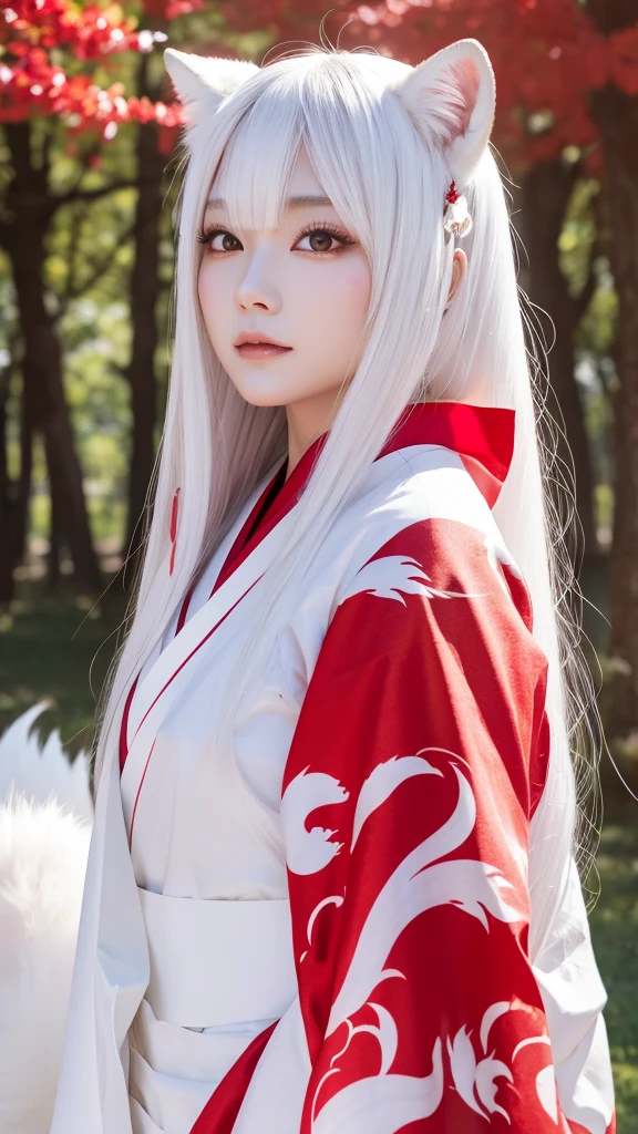 White Demon Fox、Nine-tailed Fox、Japanese women、kimono、Fair skin、Red lines on face、8K、I have long hair