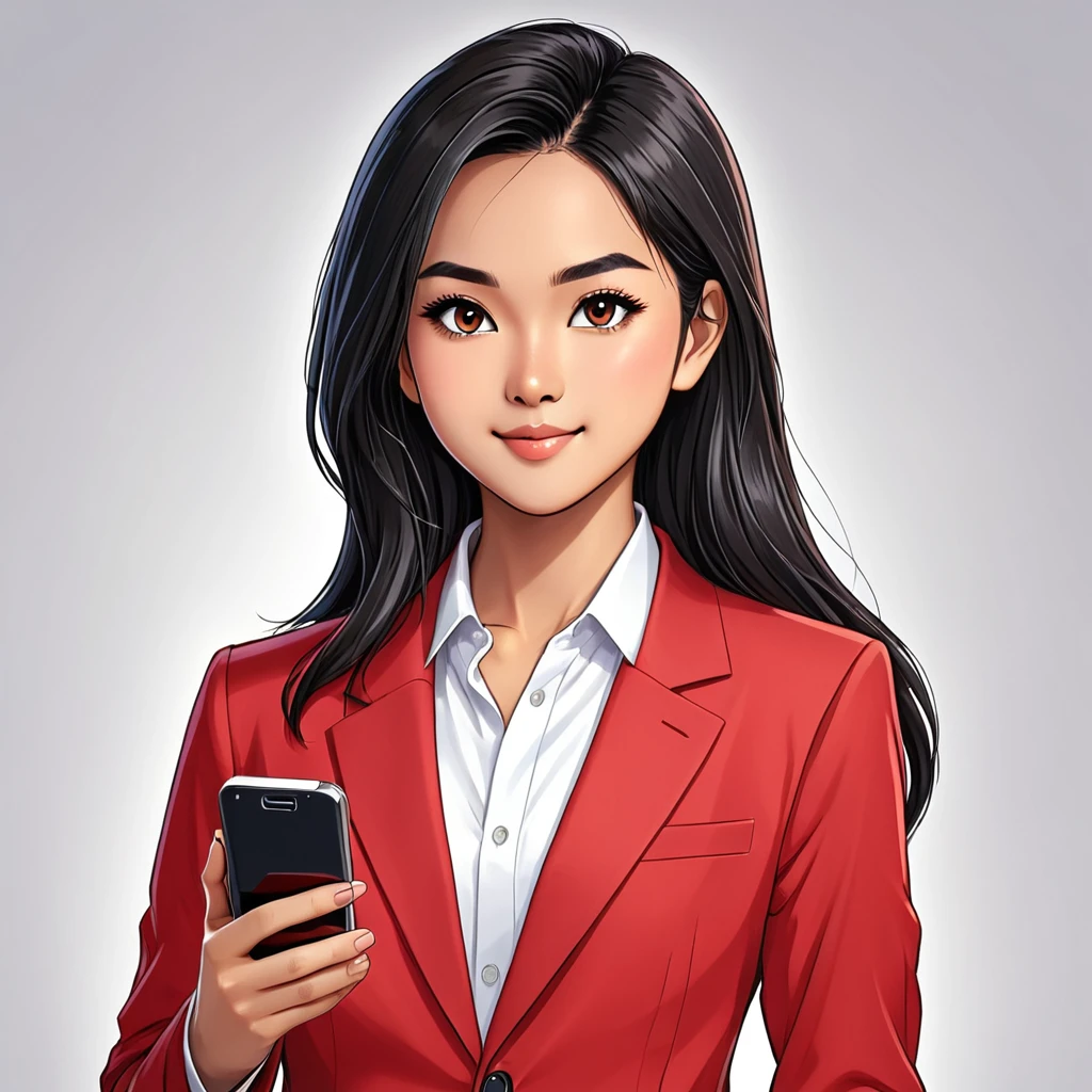 cartoon, vector illustration, no gradient, solid color fill, a beautiful indonesian girl, solo, (1girl:1.9), Long straight Black Hair, Brown Eyes, Almond shaped Eyes, Heart shaped Face, Roman Nose, Olive Skin, detailed skin, no makeup, natural look, imperfect skin, (athletic fit-muscled body:1.2), defined abs, 8k, highly detailed, soft light, (white background:1.2), full smile, (red business suit:1.5), working seriously, (holding mobile phone:1.9), full body view