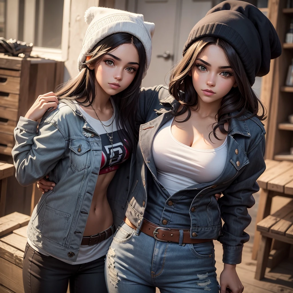 Generar, 19 year old girl, slim build but with a considerable size of 2 chests, cabello oscuro y ojos amarillos, y un gorro en la cabeza de color blanco, usar falda gris, lumberjack jacket, cuerpo completo, realistic