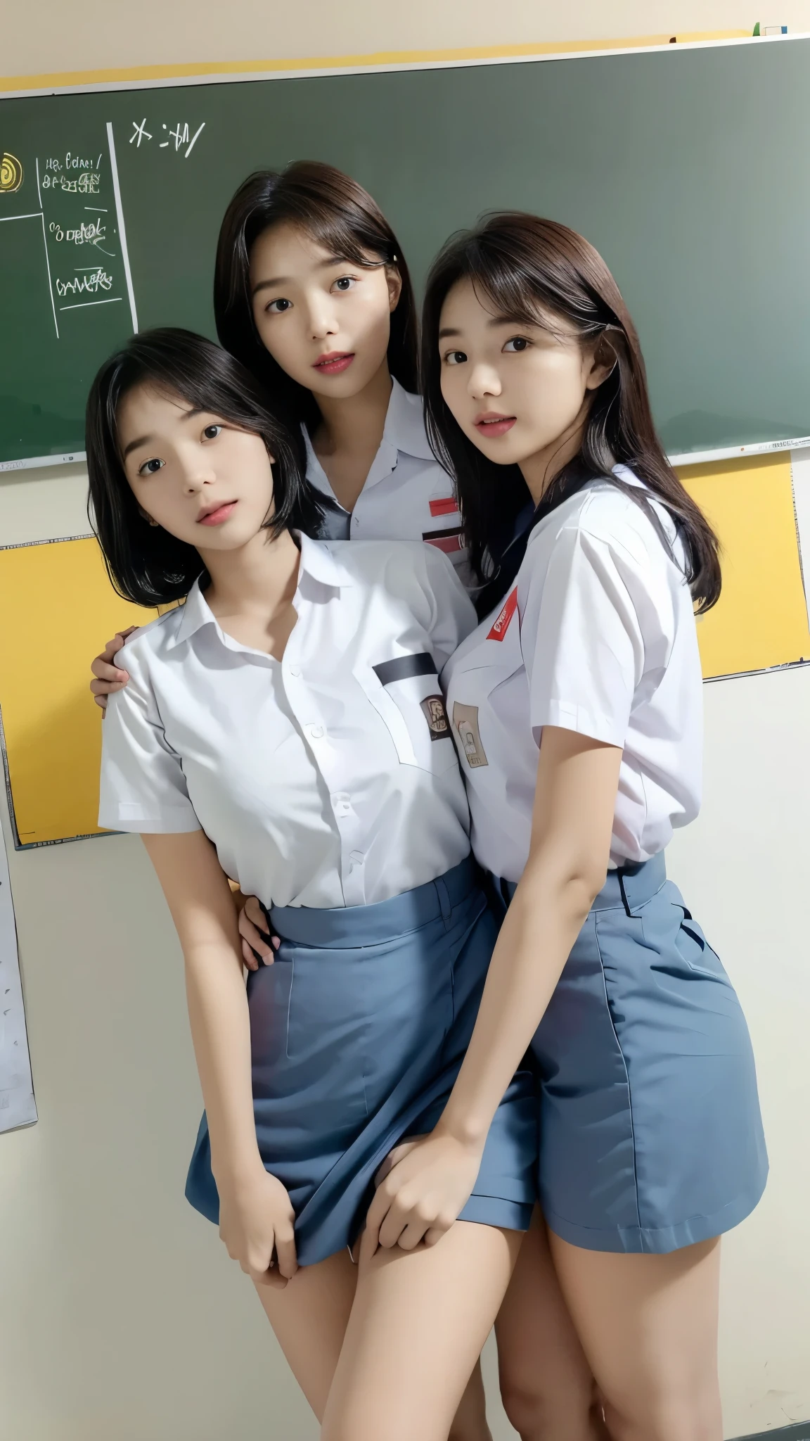 multiple girl, 2girls at foto, RAW, Best quality, high resolution, masterpiece: 1.3), Beautiful young java woman wearing blazeer, vurious pose, standing hug each other, open legs, sensual body, big breasts, Best quality, high resolution, Masterpiece: 1.3, Masterpiece, ((At classroom with whiteboard)), highres, 4k, HDR, 3girls, photorealistic, realistic, big breasts, ((whole body)) turning away facial at viewer, closeup, faint smile, ((crop shirt)) and pencil skirt