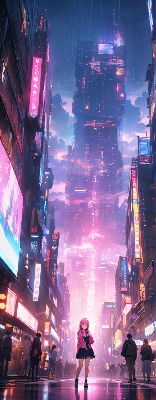 Looks about 15 years old, (beautiful girl: 1.3),Highest quality,8k,Highly detailed CG unit wallpaper,masterpiece:1.2,top-quality,Ultra-high resolution,RAW Photos,real texture skin,Cinema Lighting,Huge buildings,metropolis,Big, round, beautifully shaped butt,),(Perfect hands, Perfect Anatomy),((Cyber city bathed in pink light rain)),(Panoramic View:1.5),(((the world turns upside down))),1girl,(upper body:1.3)