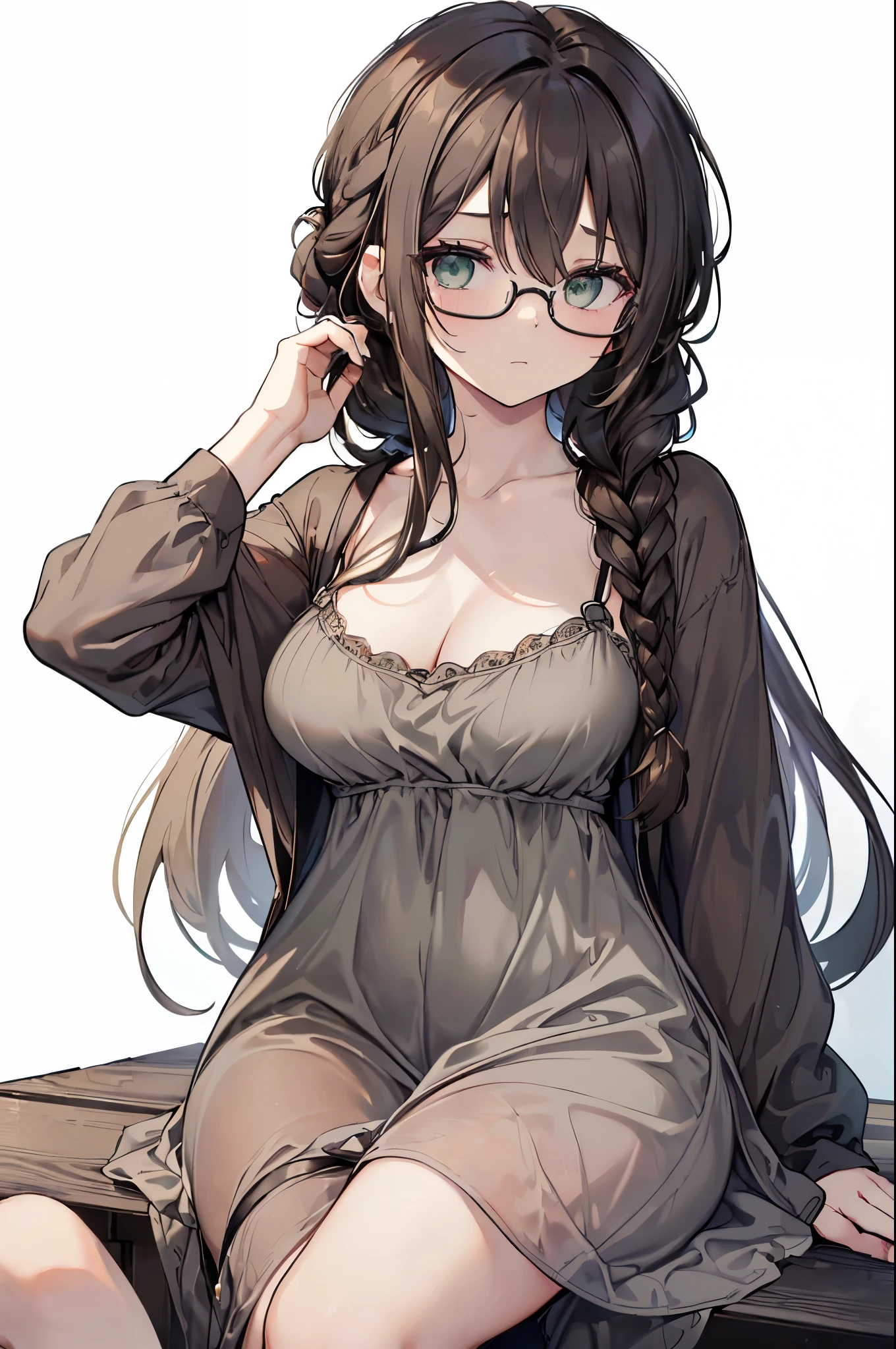 {{masterpiece}}, The best quality of life, 、((Dark brown long hair、Hair tied together in a braid)) 、 Cute female, (Green Eyes）、Expressionless adult woman、((White background))、tall、One woman with good style、Large Breasts、(((simple、Dark grey dress、Loungewear、summer)))、Thin glasses