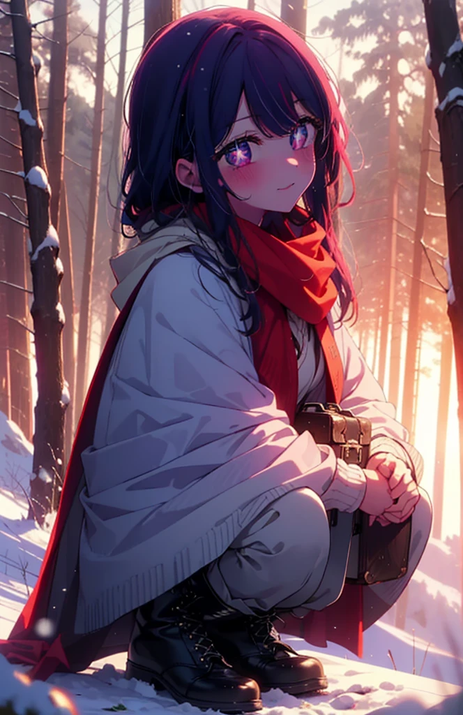 aihoshino, Ai Hoshino, Long Hair, bangs, (Purple eyes:1.1), Purple Hair, (Symbol-shaped pupil:1.5), smile,,smile,blush,white breath,
Open your mouth,snow,Ground bonfire, Outdoor, boots, snowing, From the side, wood, suitcase, Cape, Blurred, , forest, White handbag, nature, Squat, Mouth closed, Cape, winter, Written boundary depth, Black shoes, red Cape break looking at viewer, Upper Body, whole body, break Outdoor, forest, nature, break (masterpiece:1.2), Highest quality, High resolution, unity 8k wallpaper, (shape:0.8), (Beautiful and beautiful eyes:1.6), Highly detailed face, Perfect lighting, Highly detailed CG, (Perfect hands, Perfect Anatomy),