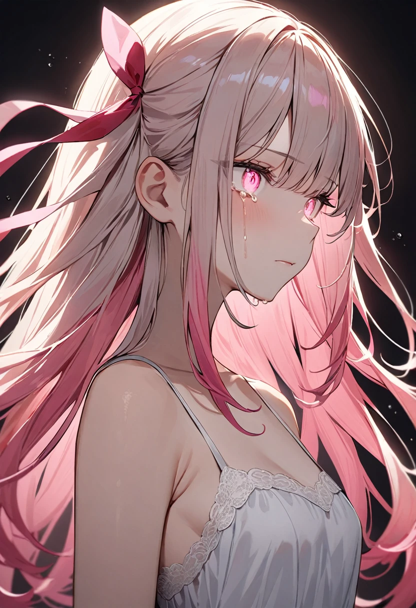 (masterpiece, top quality, very aesthetic, 4k、illustration), intricate detail, 1woman,from side、solo,contrapposto 、Strong glowing eyes、,(cowboy shot)、、(Crying tears of blood),beautiful face、expressionless、straight hair、(fluorescence pink gradient hair)、multicolored hair,hair ribbon,middle hair,sidelock ,レッド　eyes、white lace camisole Dresses、small breasts、Slim 、white background