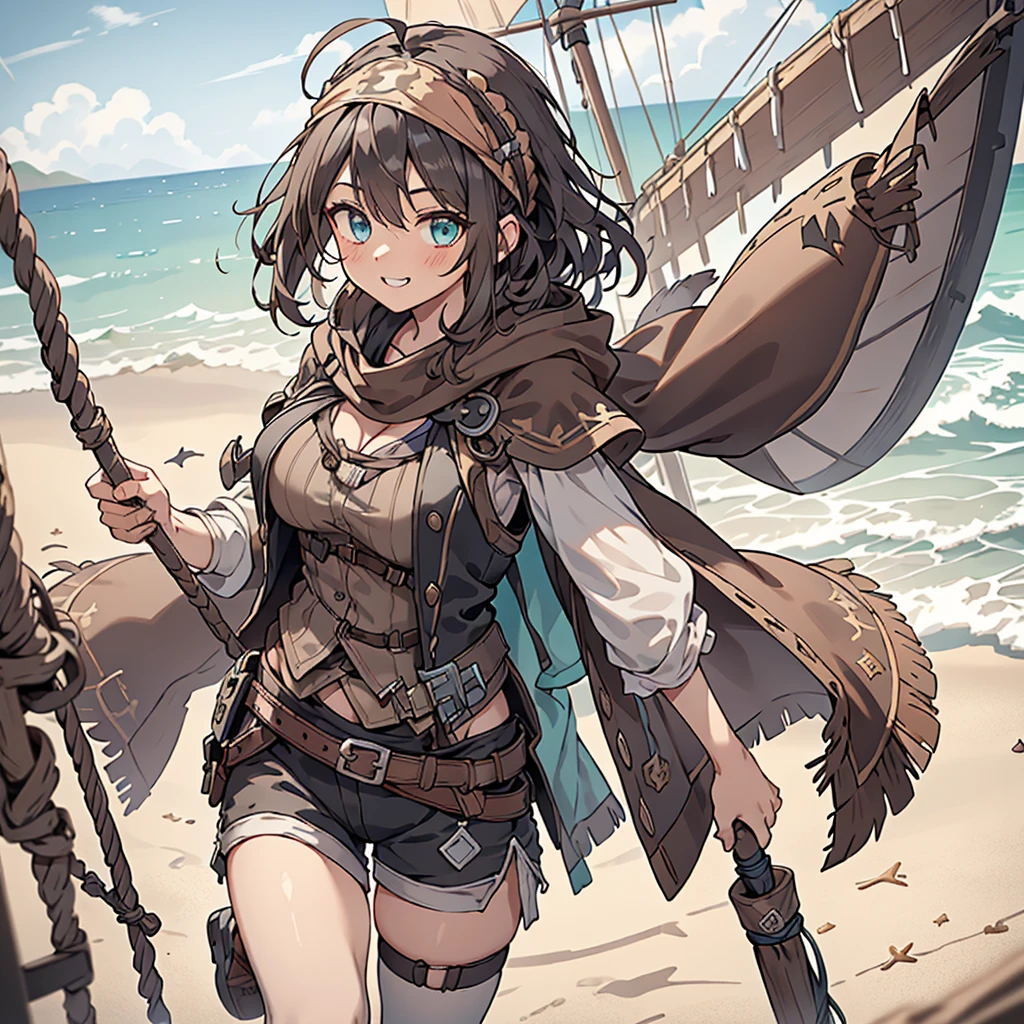 masterpiece, One Girl, Sparrow, Black Hair Girl, Wearing white medieval pirate clothing, Curly medium hair, Messy Hair, the body is slim, Wearing a brown capelet and hood, He closed her left eye..., shirt decoration, Aqua Eye, Show me your back, Ahoge, Black vest, Baby Face, Large Breasts, Beautiful breasts, Round Breasts, Braiding, Pirate Bandana, Long sleeve, Beautiful Eyes, White Stockings, Droopy eyes, Shorts, Her age is 19 years old, Captivating smile, Beach, Brown Skin