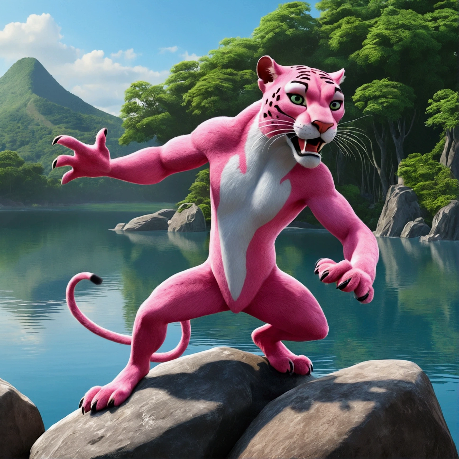 A pink panther ((aggressive), in attack position, rocks and lake around, highly detailed nature environment, high quality picture, hyper realistic, cinematic look, HD in 32k--ar 3:2--in style cartoon, draw