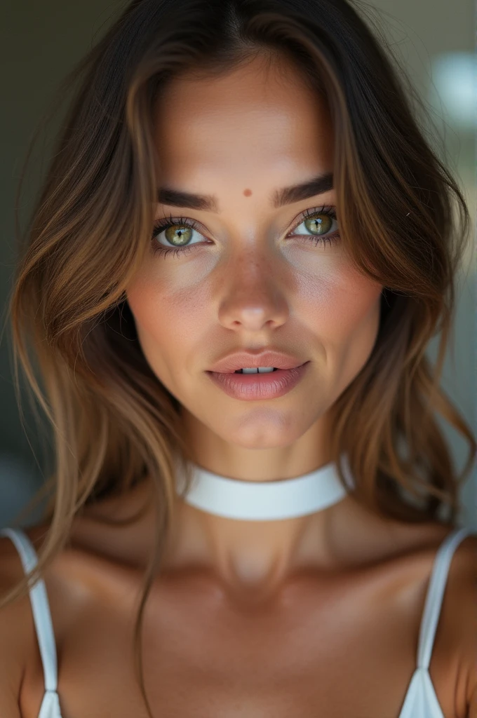 Arafed Femme portant un débardeur blanc et un collier, Fille sexy aux yeux verts, peau bronzée,21 ans Portrait Sophie Mudd, cheveux bruns et grands yeux, selfie d&#39;une jeune femme, yeux de la chambre, Violette Myers, sans maquillage, Maquillage naturel, regardant directement la caméra, Cara avec Artgram, maquillage subtil, Impresionante foto de corps entier, yeux verts perçants, bel angle, pose attrayante, Mignon , pose sexy, Image du corps entier, corps entier, séance photo sur tout le corps, déesse brune, Détail élevé, Pose satisfaite, pantalon en cuir