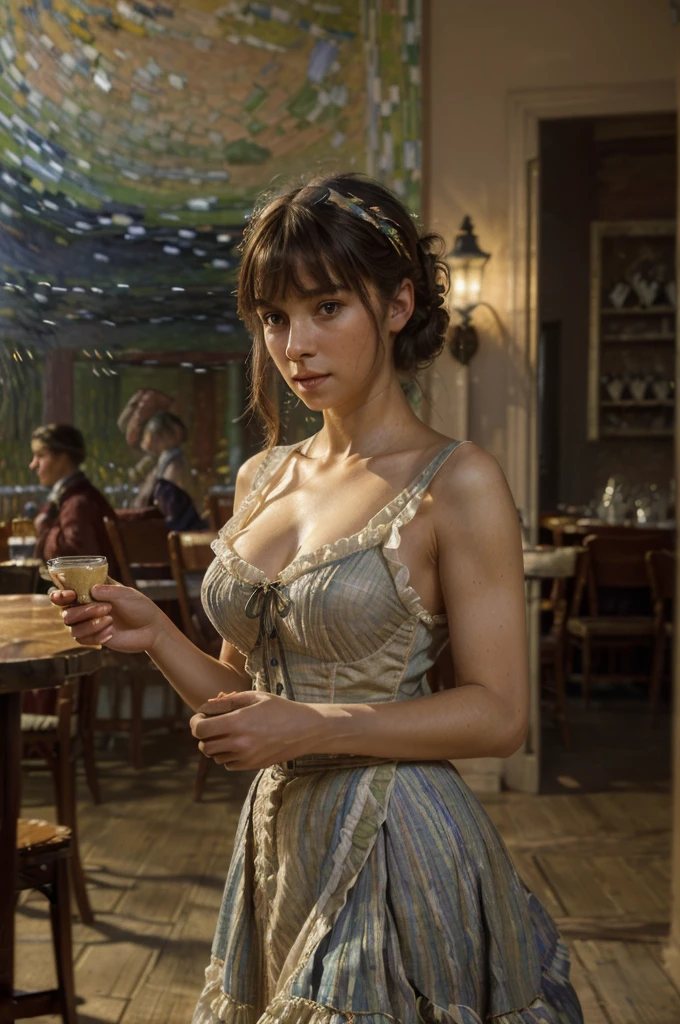((masterpiece:1.4, Highest quality)), (Photo realistic:1.4), ((1 girl)), (Otherworldly Beauty), (dreamlike), (超High resolution:1.2), Very delicate and beautiful, stunning , Highly detailed CG Unity 8k wallpaper, Very detailed, High resolution, Soft light, Beautiful detailed girl, Very detailed eyes and face, Beautiful and detailed nose, Beautiful and detailed, (Wearing a late 19th century French costume :1.3), (Inside a cafe at night:1.3), Cinema Lighting, Perfect Anatomy, Slender Body, (Parted bangs), (The world of impressionist painting:1.5), (Impressionist light and color), (inside a cafe at night 」), Cowboy Shot