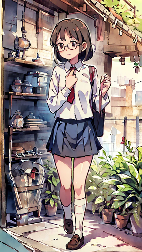 Nsfw、masterpiece, high quality, 4K, HDR,, Stable Diffusion prompt: schoolgirl with short、brown hair and red-framed glasses, wearing a white blouse and navy skirt, white panties visible, navy socks and brown loafers, in a state of arousal and trembling with sexual climax,simple illustration style, in a nichijou (everyday life) setting