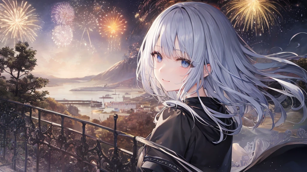 Open your mouth、Flower Field、Her eyes were shining、Mysterious and enchanting atmosphere。With AI Painting、とてもShort Hair, Long bangs between the eyes, Very detailed,(masterpiece、Highest quality)、alone、Gray Hair、Fantasy, Silver Hair, Fantasyな風景、smile、Open your mouth、short hair、Short Hair、hairpin、black eye、Grey Eyes、Beautiful Eyes、Black Shirt、White hoodie、Seaside、Fireworks