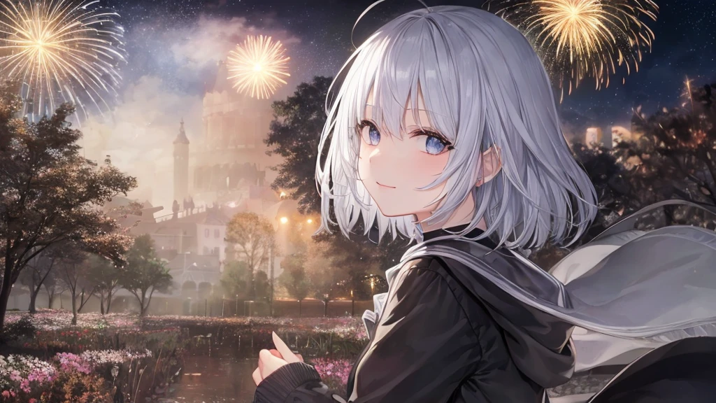 Open your mouth、Flower Field、Her eyes were shining、Mysterious and enchanting atmosphere。With AI Painting、とてもShort Hair, Long bangs between the eyes, Very detailed,(masterpiece、Highest quality)、alone、Gray Hair、Fantasy, Silver Hair, Fantasyな風景、smile、Open your mouth、short hair、Short Hair、hairpin、black eye、Grey Eyes、Beautiful Eyes、Black Shirt、White hoodie、Seaside、Fireworks