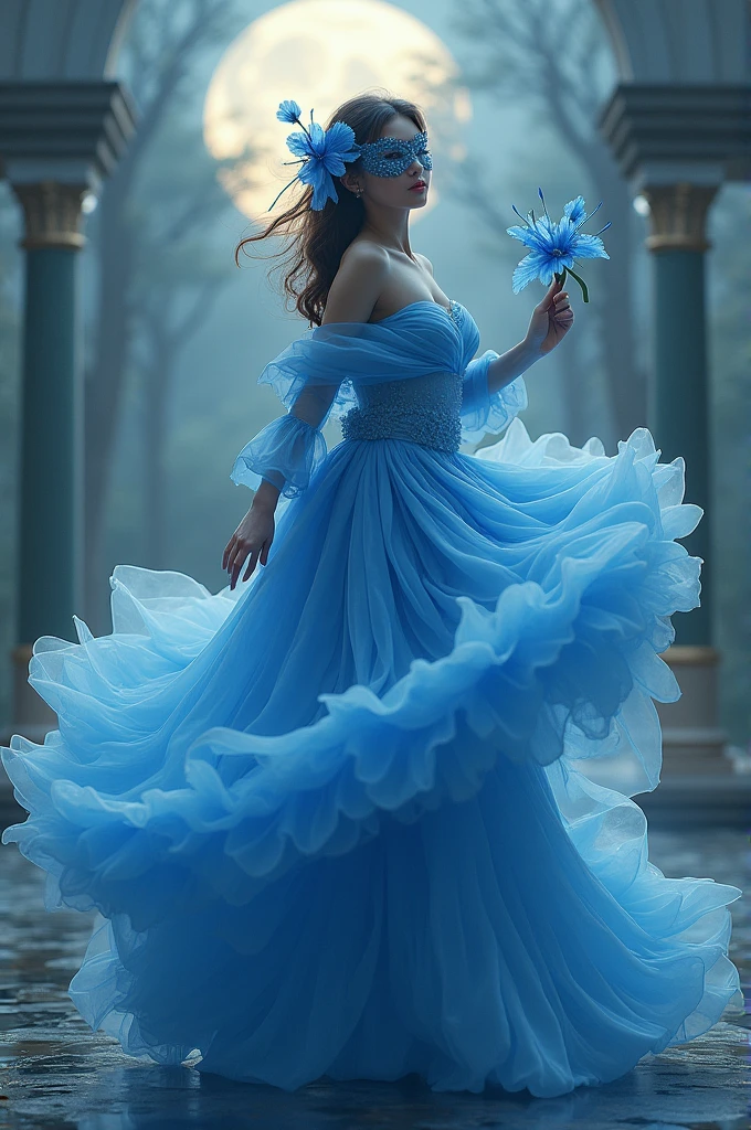 best quality,4K,8 K,a high resolution,masterpiece:1.2,ultra detailed,realistic,photorealistic:1.37,portraits,illustrations,oil painting,rich colors,bright colors,soft lighting,detailed textures,long eyelashes,Lively eyes,detailed lips,ethnic mixed girl,pretty haircut,wearing a masquerade a mask,flowy dress,dancing gracefully in a Venetian garden,when the moon shines on it,sparkling stars in the sky,romantic atmosphere,enchanted garden,fragrant flowers,Whispering Trees,pond with peaceful reflection,Gentle breeze,Quiet atmosphere,Quirky Theme,elegant pose,narrative composition,Majestic Columns,decorative a masks,hidden identities,fairytale setting,Magic Night Scene,Mysterious charm,unearthly beauty,artistic image. a mask,Close-up of a masked man, dreamy gothic girl, fire render, Beauty girl. ((in full growth, uncut graceful figure, Beautiful legs, fast dance pose, brunette, beautiful face with expressive eyes, light white tones, fluffy skirt made of blue iris petals, Esbian Full Body, White background, daylight , Efeito de Luz, minimalist, Sun, pure tenderness, soft lighting, Realism, woman, who dances on a super-giant petal of a deep blue iris flower (petals made of thin, soft voile fabric, full background of flowing transparent blue petals, soaring flower one in the hand - long stem above the head, huge giant blue iris flower, over her head, Smoke effect, fog, mixed with blue iris petals), ((ss-through)), masterpiece, ReV Анимированныелbest quality)), ((masterpiece)) , (in detail), 1 girl, off shoulder sweater,