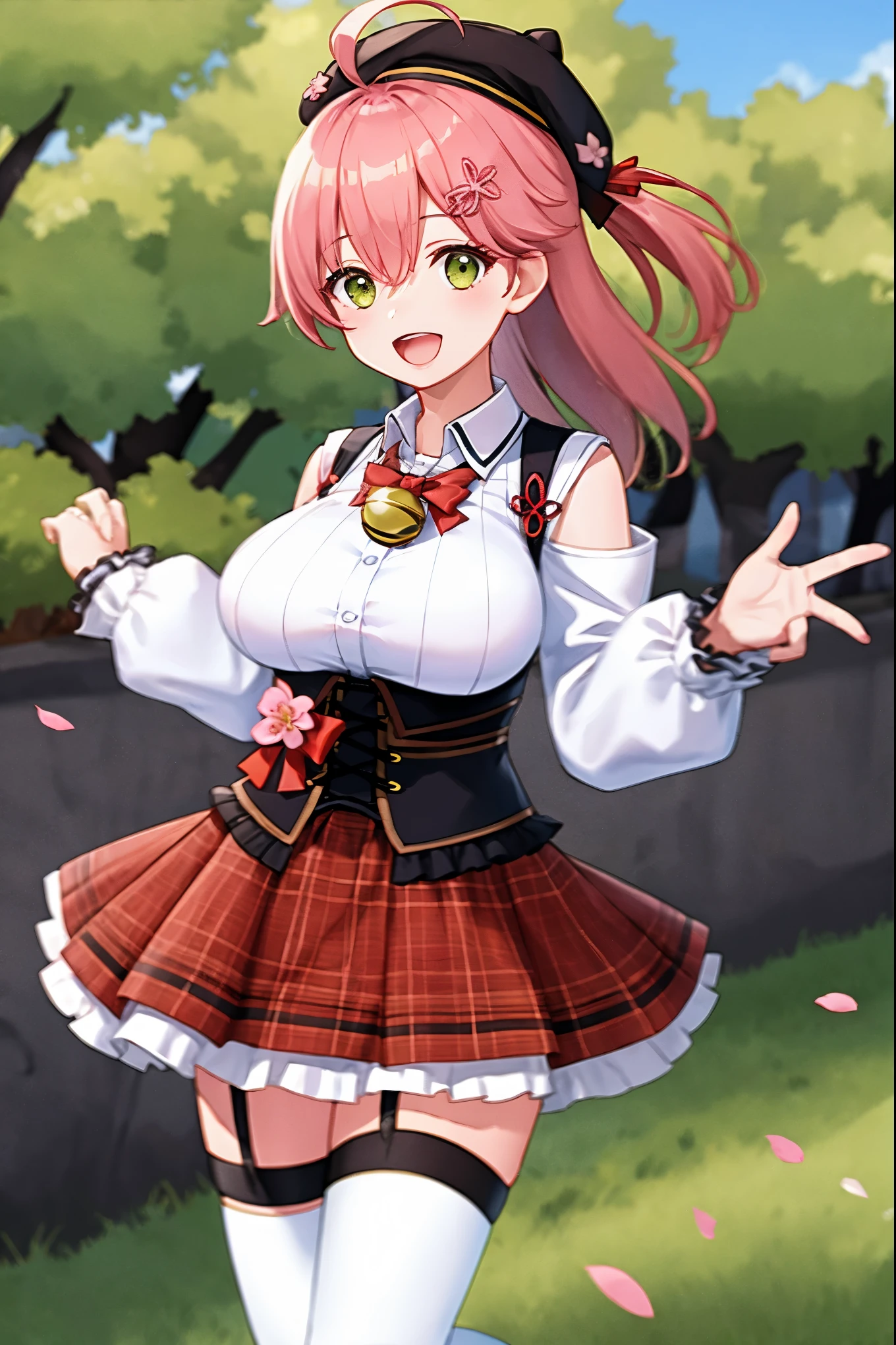 masutepiece, Best_Quality, hight_resolution, miko2,Ponytail, 1girl, Ahoge, black headwear, Hair Ornament, White shirt, black thighhighs, Pink hair, Red_skirt, very_short_skirt, plaid skirts, garter_strap, Collared shirt, hair clips, frilld, Bangs, hair between eye, frills skirt, beret, Pleated skirt, Hair Flower, Neck bell, , puffy long sleeves, Black bow, Underbust, Smile, (large_breasts:1.3),covered_nipples, green_eyes, happy, dynamic_angle,apart_legs,(big_smile:1.2),plump,open_mouth,shout,half_eyes,cherryblossom_park_landscape_background,