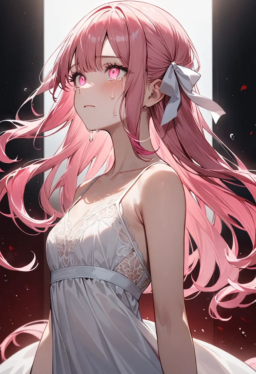 (masterpiece, top quality, very aesthetic, 4k、illustration), intricate detail, 1woman,from side、solo,contrapposto 、Strong glowing eyes、,(cowboy shot)、、(Crying tears of blood:1.3),beautiful face、expressionless、straight hair、(fluorescence pink gradient hair)、multicolored hair,hair ribbon,middle hair,sidelock ,レッド　eyes、white lace camisole Dresses、small breasts、Slim 、white background