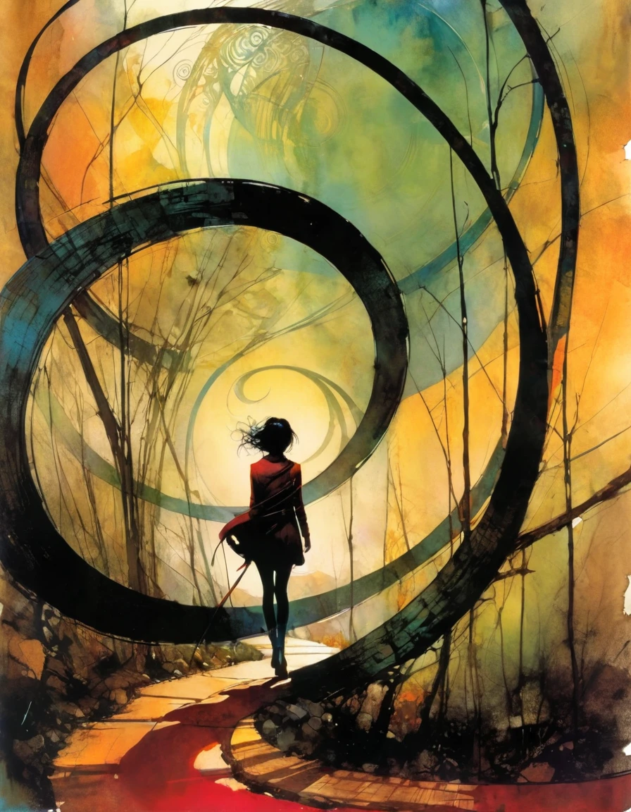 winding path, art inspired by Bill Sienkiewicz and dave mckean