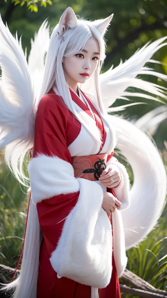 White Demon Fox、Nine-tailed Fox、Japanese women、kimono、Fair skin、Red lines on face、8K、I have long hair