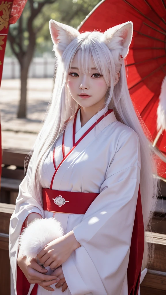 White Demon Fox、Nine-tailed Fox、Japanese women、kimono、Fair skin、Red lines on face、8K、I have long hair