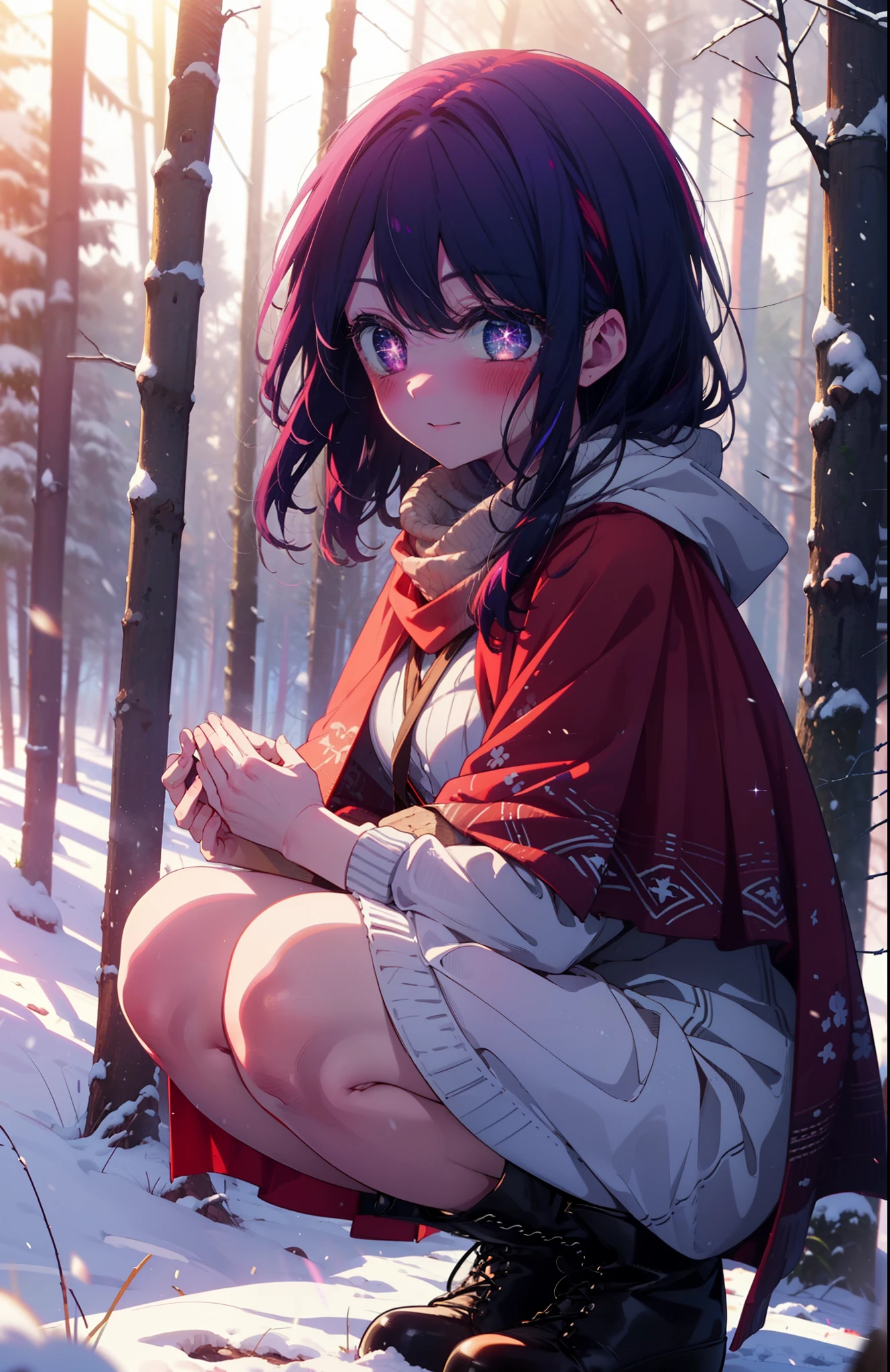 aihoshino, Ai Hoshino, Long Hair, bangs, (Purple eyes:1.1), Purple Hair, (Symbol-shaped pupil:1.5), smile,,smile,blush,white breath,
Open your mouth,snow,Ground bonfire, Outdoor, boots, snowing, From the side, wood, suitcase, Cape, Blurred, , forest, White handbag, nature, Squat, Mouth closed, Cape, winter, Written boundary depth, Black shoes, red Cape break looking at viewer, Upper Body, whole body, break Outdoor, forest, nature, break (masterpiece:1.2), Highest quality, High resolution, unity 8k wallpaper, (shape:0.8), (Beautiful and beautiful eyes:1.6), Highly detailed face, Perfect lighting, Highly detailed CG, (Perfect hands, Perfect Anatomy),