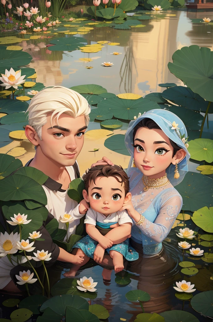 A family, there is a father and mother sitting, and a son standing in the middle, the background is a lake with water, lots of lotus flowers, very elegant, 3D cartoon, realistic, detailed,