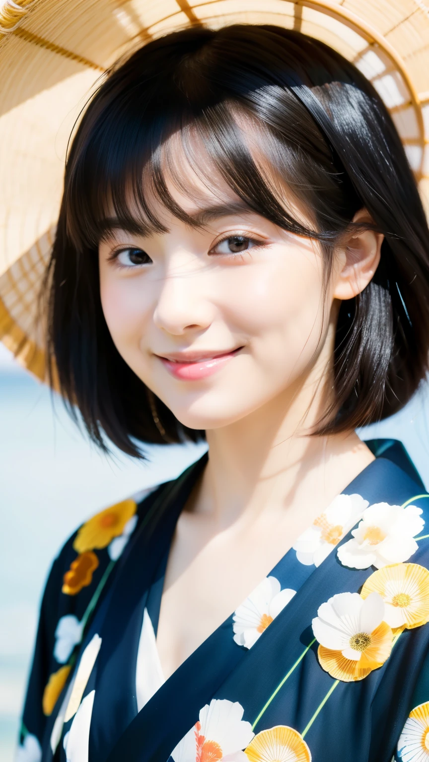 Realistic photos, Beautiful Eyes, A refreshing smile, Flowing black hair, Elegant kimono, Summer background, Light clothing, Calm expression, Soft lighting, Traditional Japanese art style, Vibrant colors, Peaceful atmosphere, Delicate features, Graceful posture