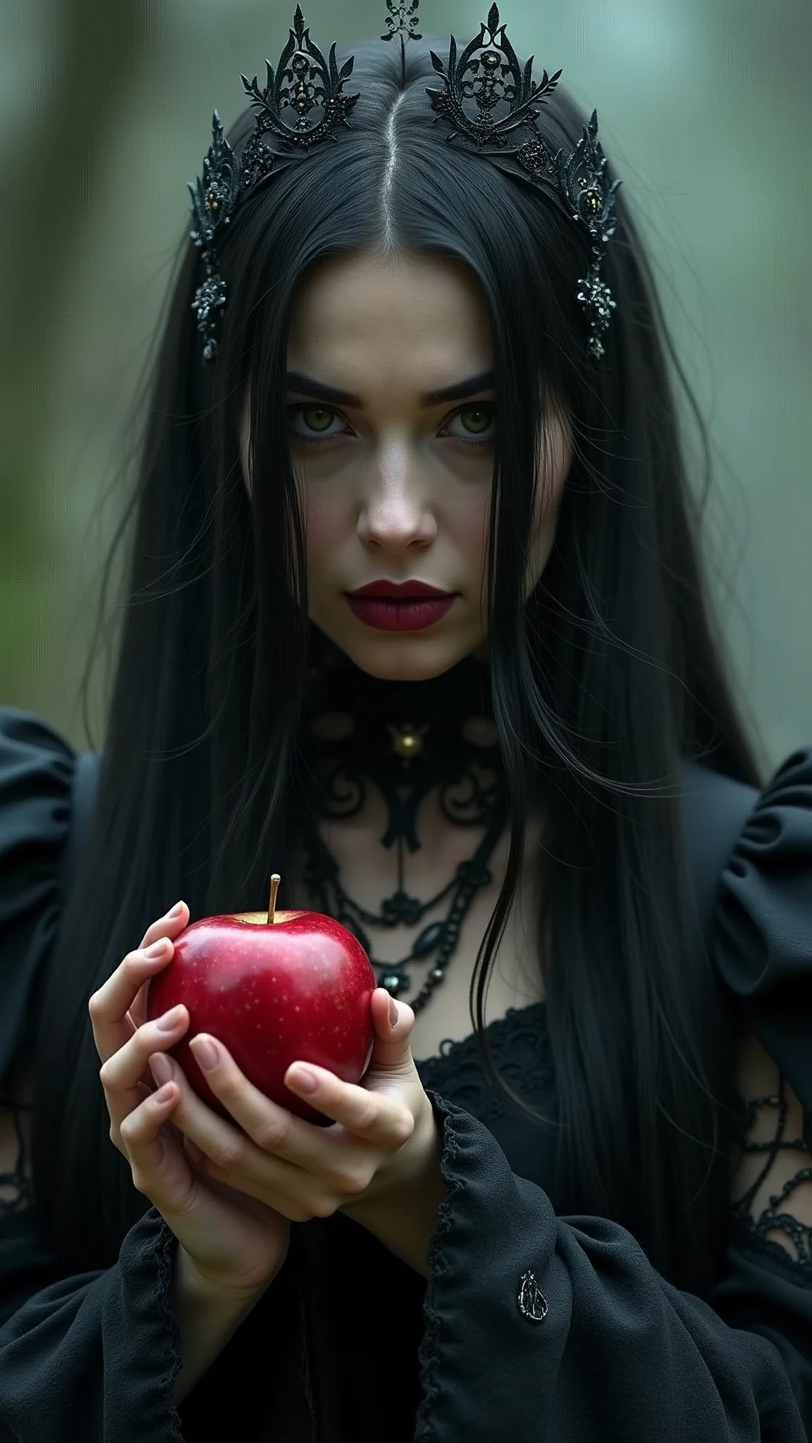 wonderland,A witch with mysterious powers,((beautiful)),Black Hair,dark castle,Dead Wood, ((Holding a poisoned apple,毒magic)),(Magic Mirror),Witch Queen,magic, excellent, Fantasy art concept, Intricate details, best quality, masterpiece, Extremely sharp, Surrealism