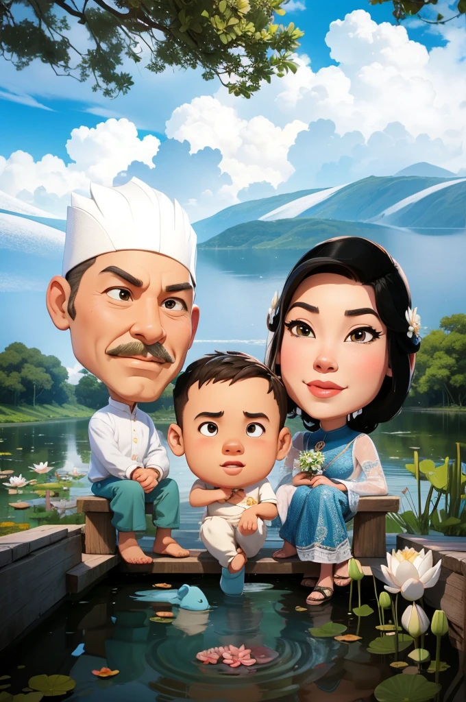 A family, there is a father and mother sitting, and a son standing in the middle, the background is a lake with water, lots of lotus flowers, very elegant, 3D cartoon, realistic, detailed, 