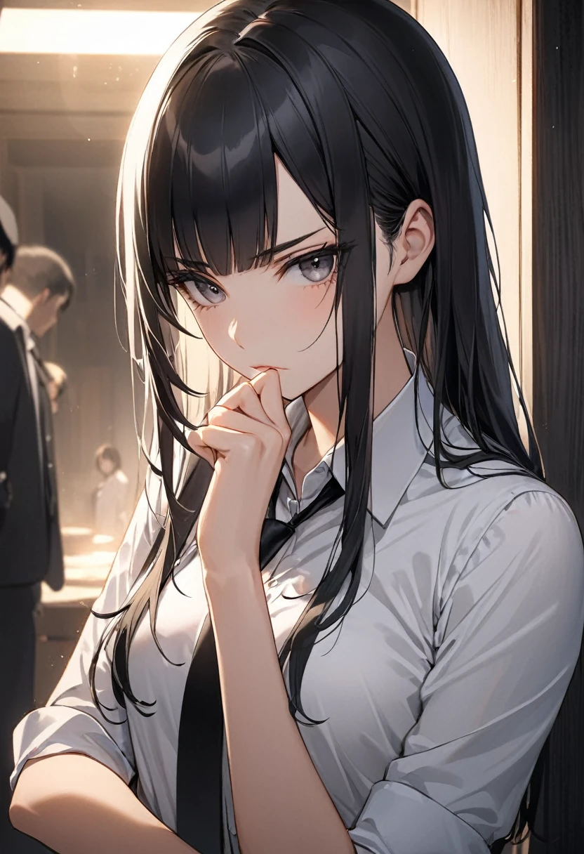 A woman stands alone in a dimly lit room.、His long black hair frames his serious expression.。Her bangs hang down over her eyebrows、Staring straight at the viewer、Pressing lips against closed mouth。She is wearing a white collared shirt with the sleeves rolled up、Black tie、And she&#39;s wearing a flowing skirt that reaches just above her knees.。With a gun in one hand、It has an intense gaze directed at the viewer.。The background is blurred、The focus is on her striking figure。