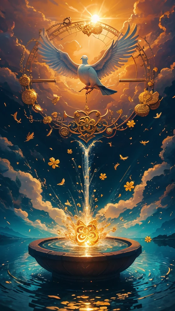 A vibrant and uplifting wallpaper designed to enhance work and financial luck. The image should feature golden coins symbolizing wealth, a heart representing passion and love, and a four-leaf clover for good luck. The radiant sun should shine brightly in the background, illuminating a serene water fountain. A dove representing peace and hope should fly above, while a key and a broken chain symbolize unlocking opportunities and breaking free from obstacles. The overall theme should evoke a sense of calm and determination, helping one to attract their true d job and motivating them to move forward positively.