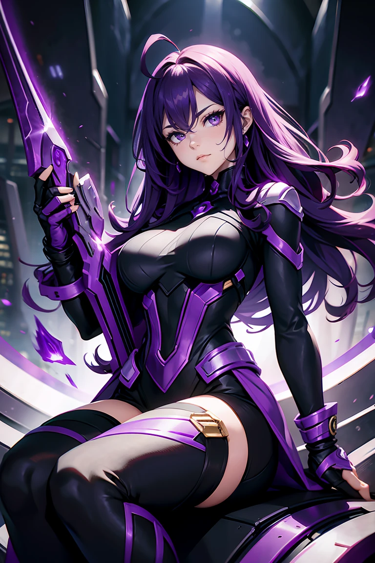 Thanos woman surprise,Sitting,full-body shot,Purple long curly hair。Combat Status,Holding weapons,Black clothing,Black clothing