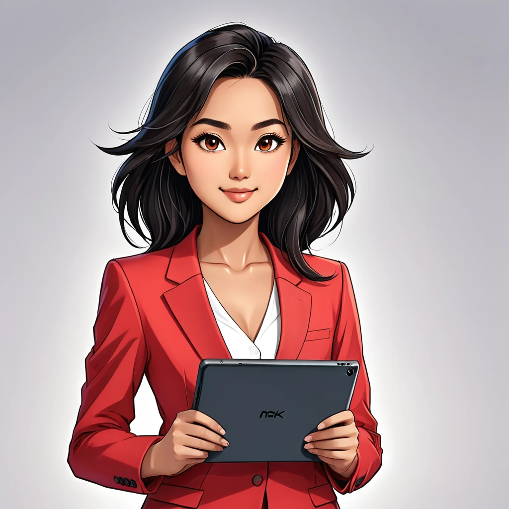 cartoon, vector illustration, no gradient, solid color fill, a beautiful indonesian girl, solo, (1girl:1.9), Long straight Black Hair, Brown Eyes, Almond shaped Eyes, Heart shaped Face, Roman Nose, Olive Skin, detailed skin, no makeup, natural look, imperfect skin, (athletic fit-muscled body:1.2), defined abs, 8k, highly detailed, soft light, (white background:1.2), full smile, (red business suit:1.5), working seriously, (showing tablet screen:1.9), full body view