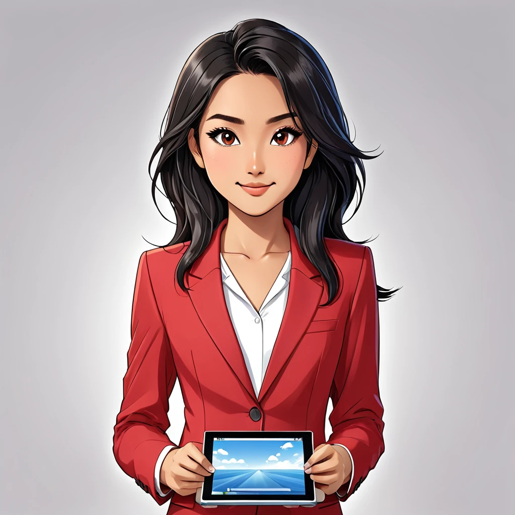 cartoon, vector illustration, no gradient, solid color fill, a beautiful indonesian girl, solo, (1girl:1.9), Long straight Black Hair, Brown Eyes, Almond shaped Eyes, Heart shaped Face, Roman Nose, Olive Skin, detailed skin, no makeup, natural look, imperfect skin, (athletic fit-muscled body:1.2), defined abs, 8k, highly detailed, soft light, (white background:1.2), full smile, (red business suit:1.5), working seriously, (showing tablet screen:1.9), full body view