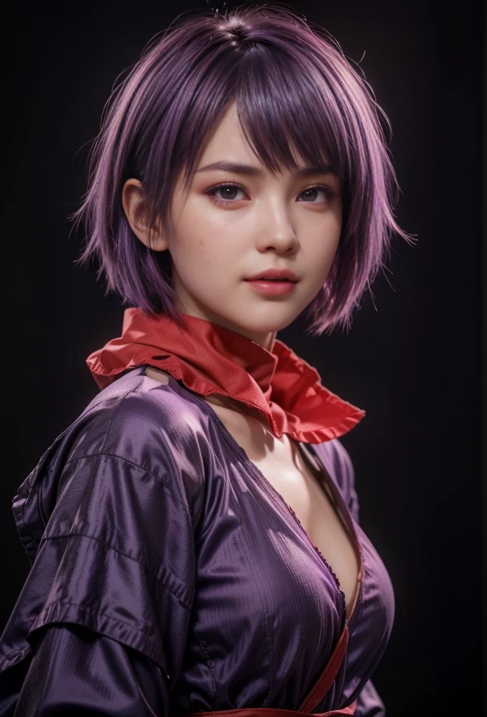 Ayane, purple hair, red eyes, (best quality, ultra-detailed), (realistic:1.37), beautiful and detailed face, ultra-realistic texture, delicate face, delicate body, red lipstick, long-lasting colors. high definition, 8K. expression with a sexy look