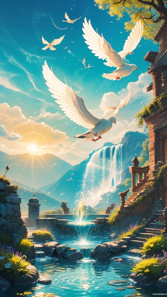 A vibrant and uplifting wallpaper designed to enhance work and financial luck. The image should feature golden coins symbolizing wealth, a heart representing passion and love, and a four-leaf clover for good luck. The radiant sun should shine brightly in the background, illuminating a serene water fountain. A dove representing peace and hope should fly above, while a key and a broken chain symbolize unlocking opportunities and breaking free from obstacles. The overall theme should evoke a sense of calm and determination, helping one to attract their true desired job and motivating them to move forward positively.