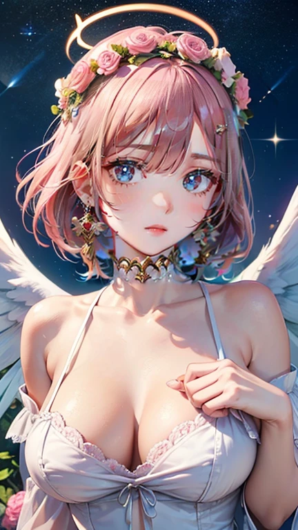 (masterpiece, Highest quality:1.3), (Very detailed:1.2), (hyperRealistic:1.3), (RAW Photos:1.2), High resolution raw color photos, Professional photos, (PhotoRealistic:1.4), (Realistic:1.4), (Pink Hair:1.5), Professional Lighting, Perfect Anatomy, (Big Breasts:1.2), (blush, Detailed face), (smile:1.7), sexy, erotic sexy, ランダムなsexyなグラビアポーズ, (An angel in a white gold off-the-shoulder sundress、An angel halo on your head、so beautiful、Flowers in full bloom畑、Wearing a flower crown and smiling gracefully、The background is Notre Dame Cathedral、Flowers in full bloom々、Shining starry sky、Pearl Earrings、Pose picking flowers。:1.3)、Archangel Raphael、It has two large white wings on its back.....、She looks like an angel.、Taking the form of an archangel、holding a pink rose in hand、I have an angel'There's a halo over my head、An angel halo on your head、A round halo of an angel on my head