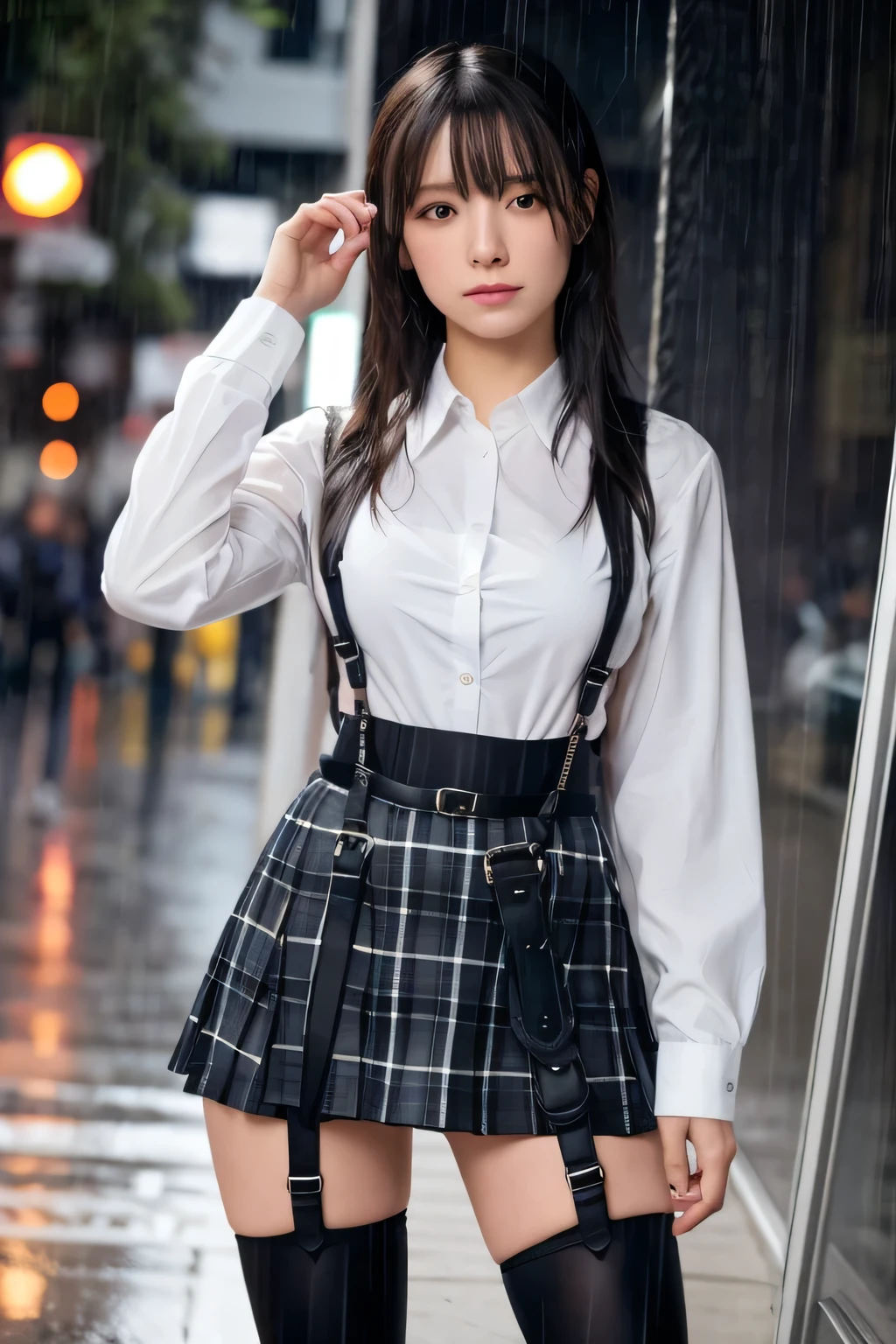 1 female, , high quality, masterpiece, Ultra-high resolution, Cinema Lighting, 1 female, , high quality, masterpiece, Ultra-high resolution, , Cinema Lighting, suspenders　　　Moderate breasts　 　 　　　　　 　　　　Small face　 　　　　　　　　　　　Looking up　　　　Sweat 　　　Thin belt　buzzer　脇Sweat 　　　　 　Garter belt　　Belt on pants　　holster　 　　Hands behind your back　 　Looking up　Anxious face　Knee-high　Knee socks　Knee-highソックス 　garter　ふとももにGarter belt　Checkered mini skirt　 　　Panty shot　Skirt gap Armament　　　holster　holster 　　Hands behind your back　 Anxious expression　　Anxious face, legs apart　Armament　　Leg holster　holster　See-through clothing　heavy rain　Rain-soaked dress shirt,