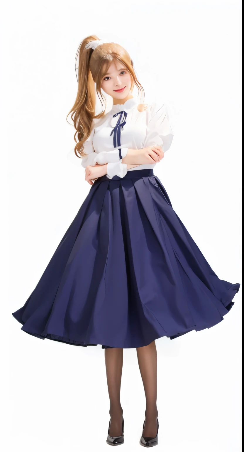 White blouse,Navy blue long skirt,black tights,Long Ponytail,Dark Brown Hair,Brown eyes,Gentle smile,photograph,Highest quality,Best details,Incredibly absurd,Large file size,Very detailed,High resolution,Very detailed,Beautiful detailed girl,Realistic