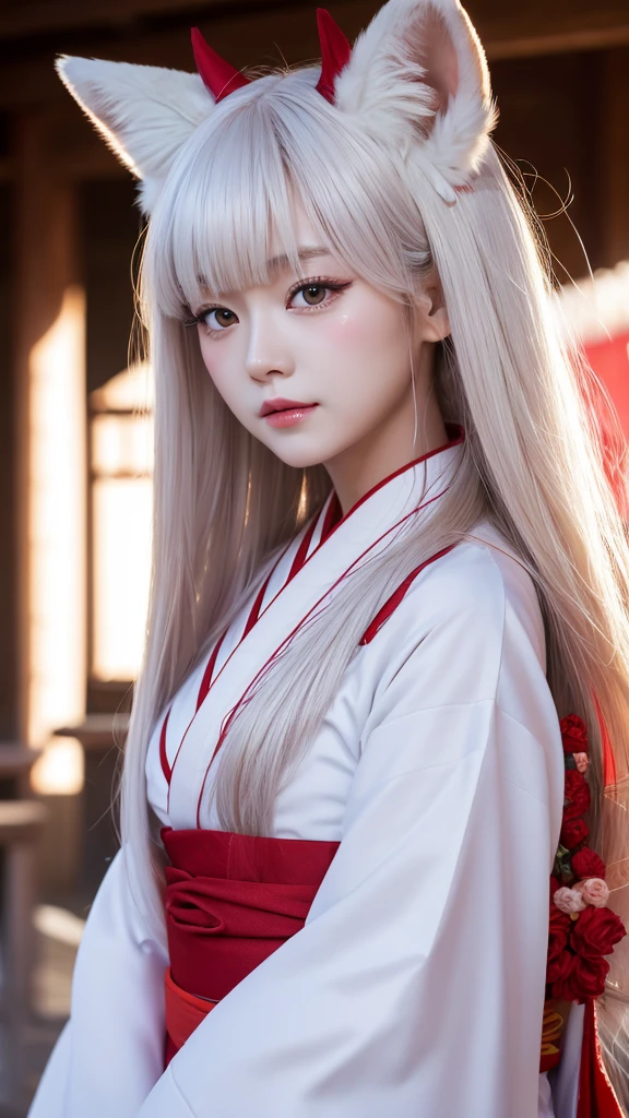 White Demon Fox、Nine-tailed Fox、Japanese women、kimono、Fair skin、Red lines on face、8K、I have long hair